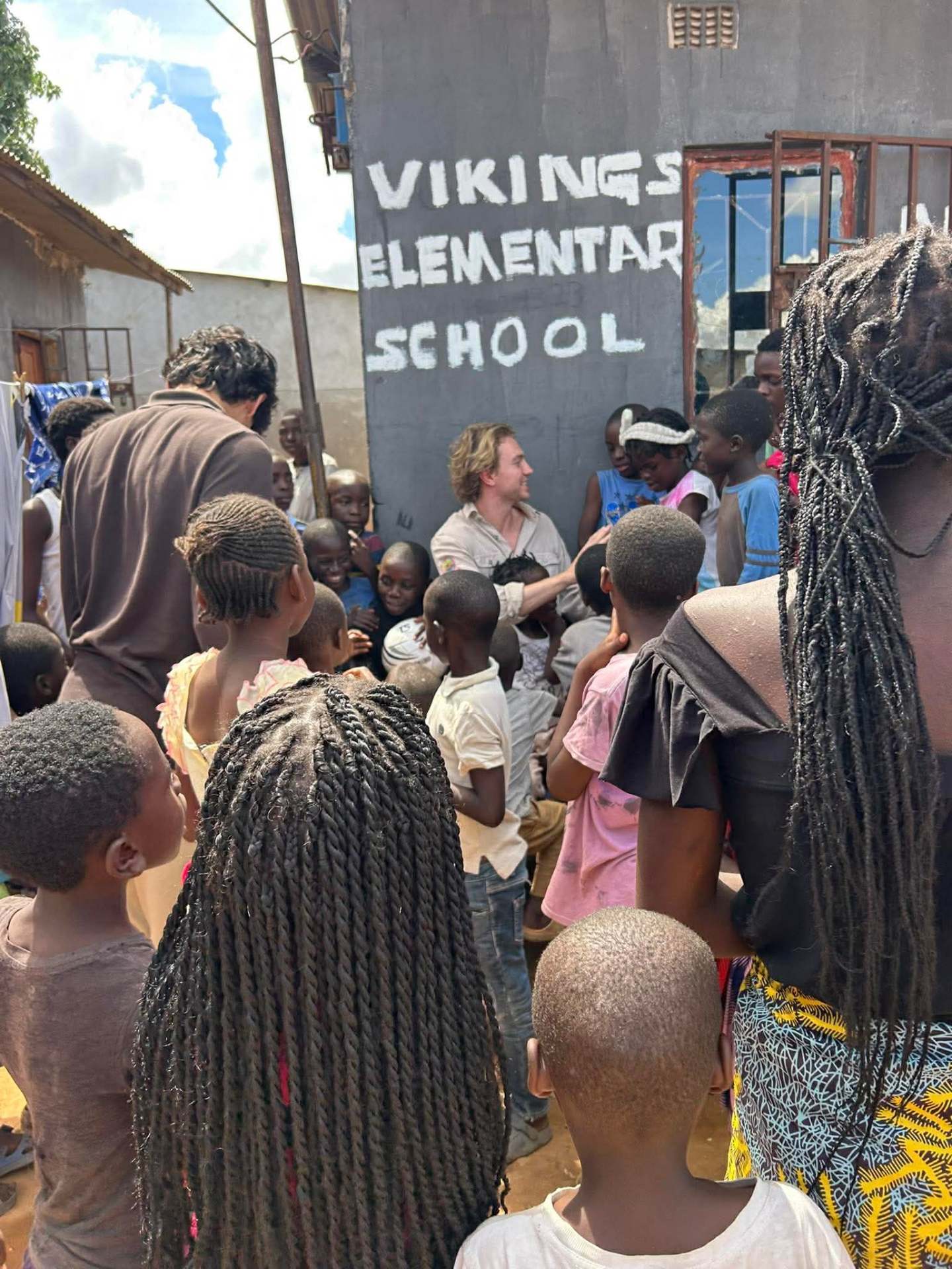 Children gathered at the school entrance
